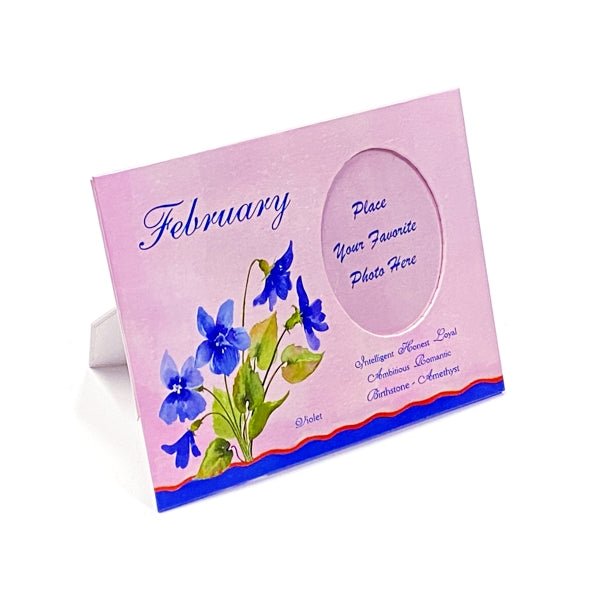 February Birthday Month Picture Frame - Violet (Holds 2.25" x 3" Photo) Includes Birth Flower, Birthstone, and Personality Traits - Dollar Fanatic